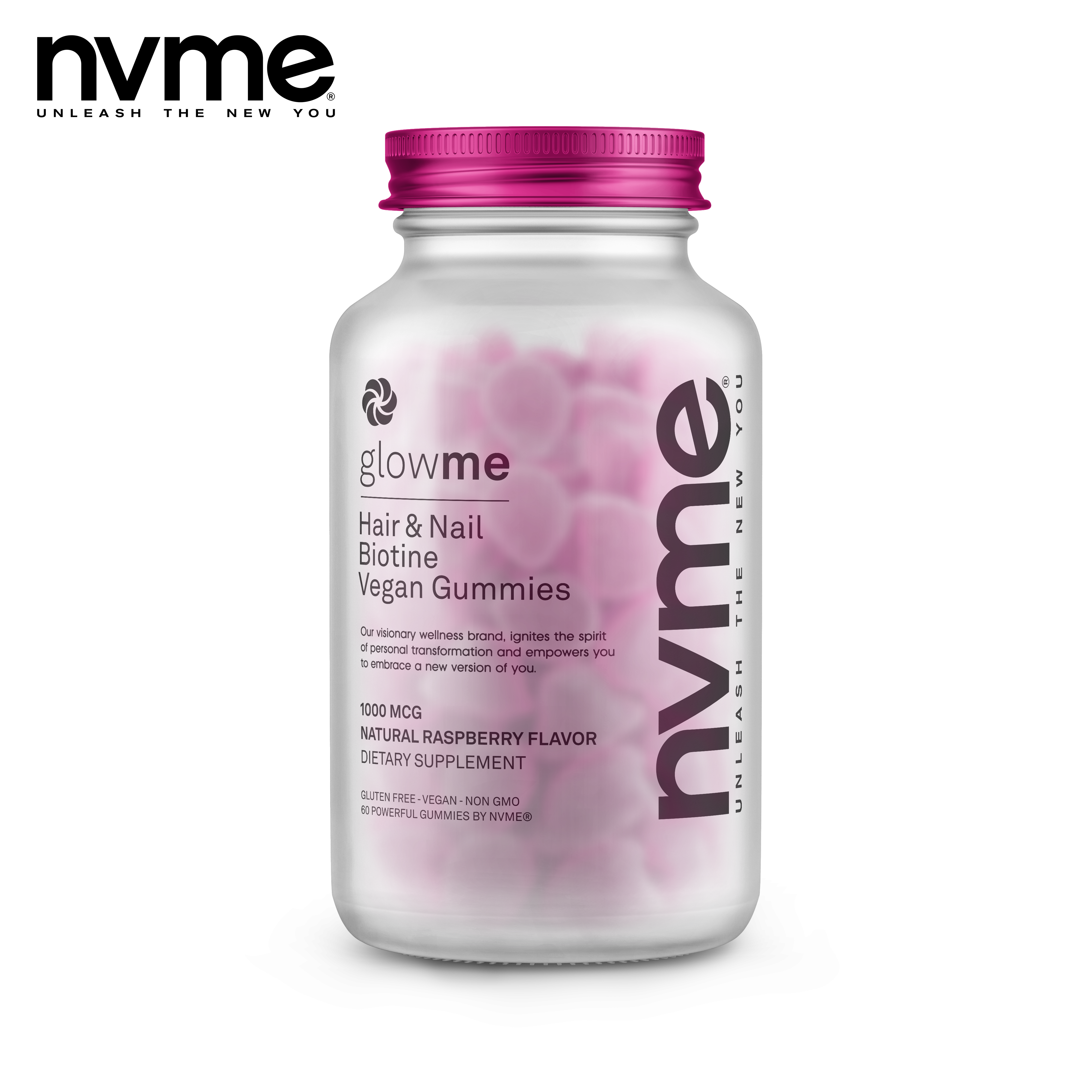 NVME Supplements NVME Supplements Nvme Hair & Nails Glowme Raspberry Bottle Mockup + Logo