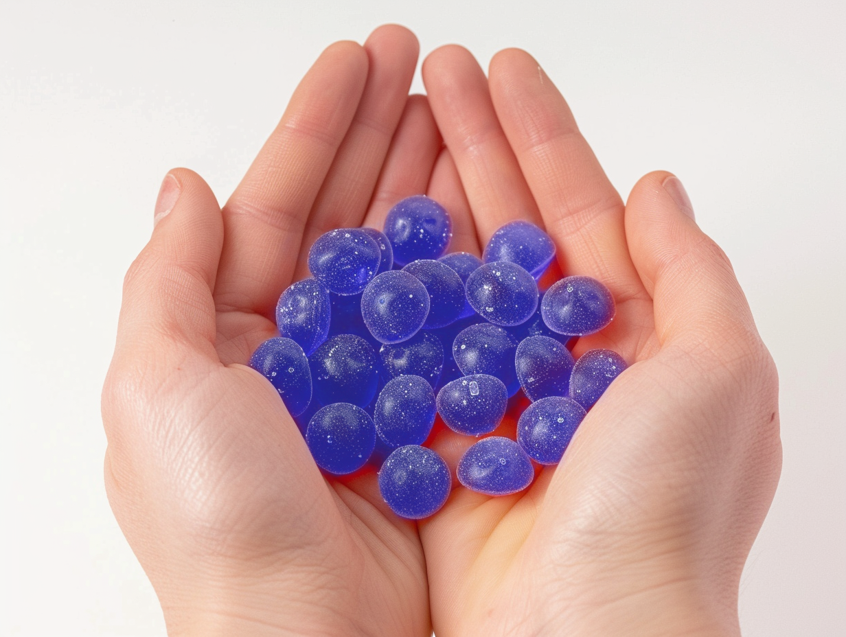 NVME Supplements NVME Supplements Nvme Extreme Close Up Of Two Hands Holding A Bunch Of Blueberry Gummies