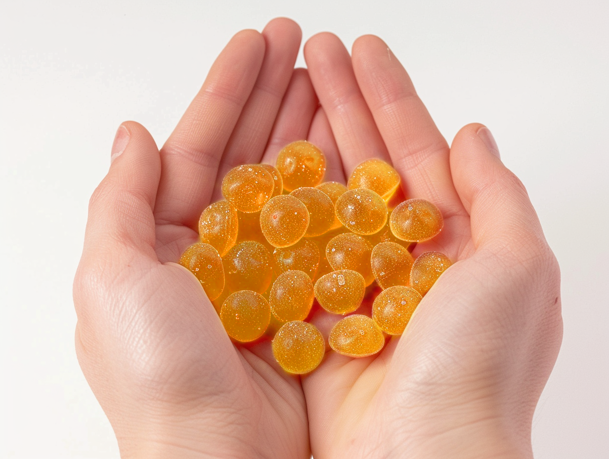 NVME Supplements NVME Supplements Nvme Extreme Close Up Of Two Hands Holding A Bunch Of Gummies